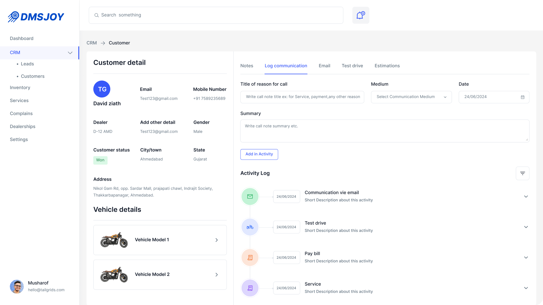 DMSJoy CRM dashboard showing lead pipeline