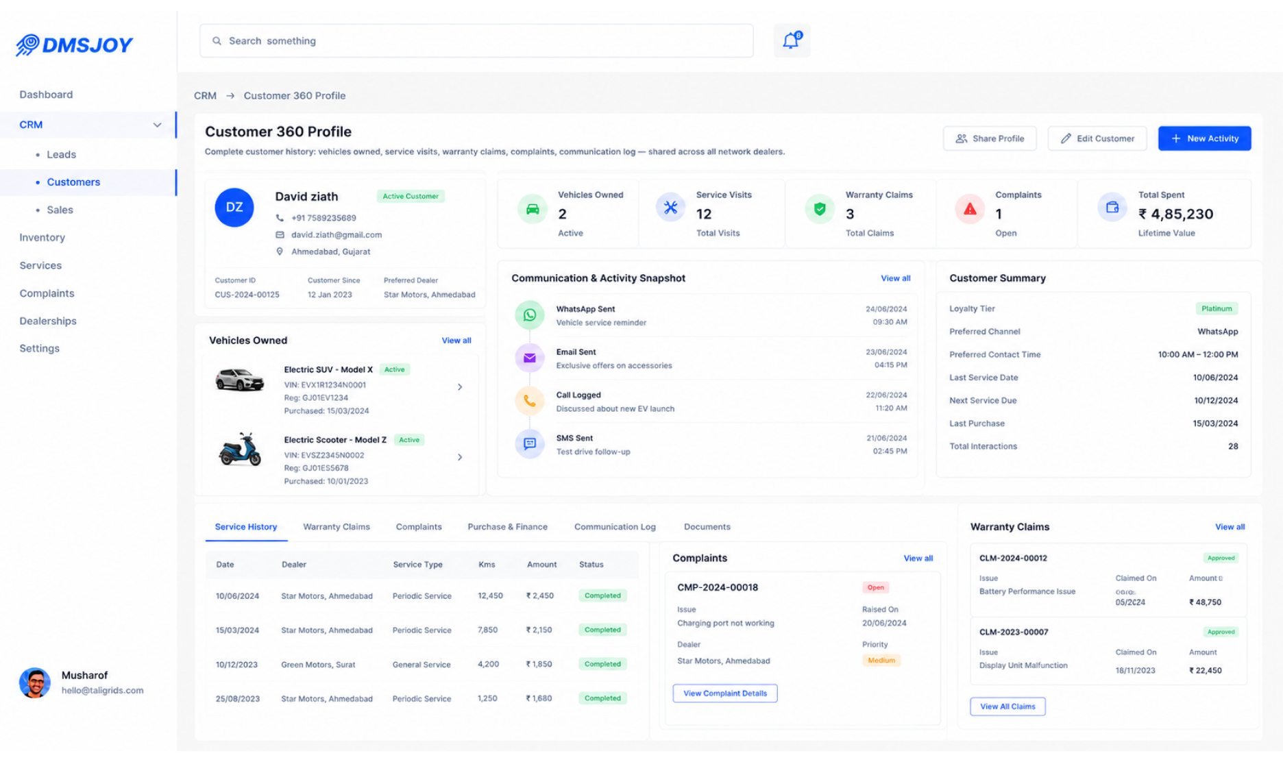 Customer 360 profile showing full history